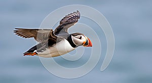 Dynamic Close Up Atlantic Puffin In Flight Wildlife Ocean Bird Motion