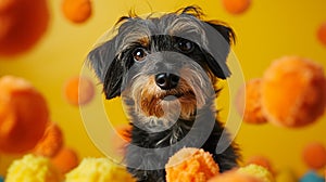 Playful terrier with squeaky toys in vibrant studio photo