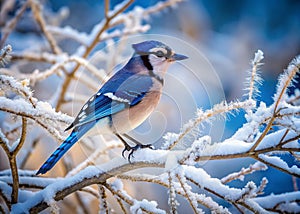 Stunning Winter Blue Jay Perched on Bare Branches Against a Crisp Architectural Backdrop A Breathtaking Architectural