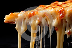 Captivating close-up of a cheese pizza slice, displaying its cheese\'s tantalizing stretch. Generative AI