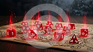 Fiery RPG Dice on Ancient Fantasy Map