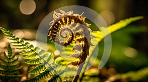A captivating close-up of a gracefully unfurling fern amidst dappled