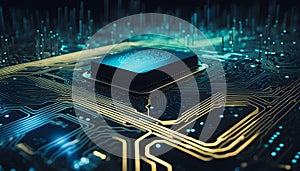 A captivating close-up image of a high-tech circuit board bathed in dramatic blue and green