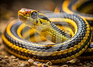 Closeup of a Striking Miniature YellowStriped Snake A TiltShift Masterpiece Capturing the Intricate Details of a photo