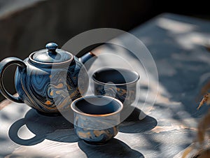 A Captivating Close-Up of a Marbled Black and Blue Tea Set