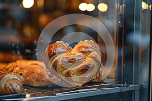 A captivating close-up photo capturing a display case filled with freshly baked artisanal bread loaves for sale, A heart-shaped