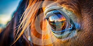 Intense equine gaze A captivating closeup of a horses eye showcasing the beauty and intensity of equine features photo
