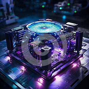 Energetic Power Surge: Abstract Generator with Blue Sparks and Futuristic Lab photo