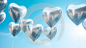 Floating Elegance: Heart-shaped Metallic Silver Balloons in Mid-Air photo