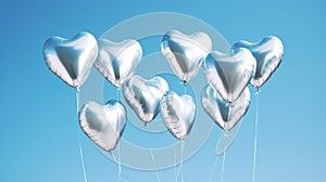 Floating Elegance: Heart-shaped Metallic Silver Balloons in Mid-Air photo