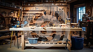Organized Woodworking Haven: Tools, Lumber, and Sawdust photo