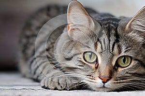 Captivating Close-Up: Portrait of a Beautiful Gray Striped Cat.