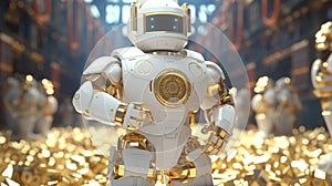 Captivating close up portrait of an exquisitely designed 3d golden and white robot