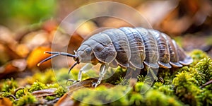 Armored Woodlouse Crawls Slowly Across Damp Forest Floor A CloseUp of a Tiny Terrestrial Isopod in its Natural photo