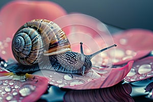 Magnificent Snail Crawling on Dew-Kissed Petals photo