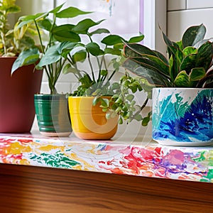 Vibrant Colorful Paint Splatter on Glossy Ceramic Tiles photo