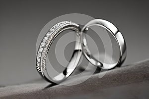 Captivating close up shot of two wedding rings, delicately intertwined to symbolize the everlasting bond of love and commitment.