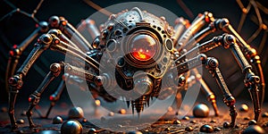 Intricate Metallic Spider Robot with Glowing Eyes A Surreal CloseUp of Futuristic Mechanical Design photo