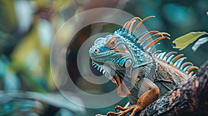 captivating closeup of an iguana resting peacefully on a tree branch in its natural habitat