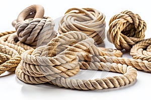 A Detailed Exploration of Miniature Ropes Knots Twines and Cords in Exquisite Detail Isolated Against a Crisp White photo