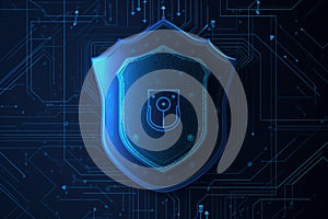 Cyber security concept with shield on abstract glowing background 3D rendering Ai generative