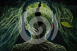 Conceptual image of human head made of green leaves and tree roots