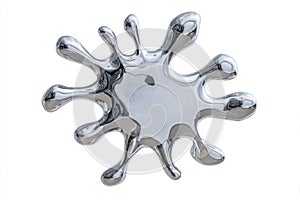A captivating 3D render of a liquid silver splash, showcasing dynamic metallic shapes and droplets. The abstract design