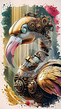 A captivating 3D render of a steampunk-inspired brass robot flamingo