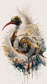 A captivating 3D render of a steampunk-inspired brass robot ibis