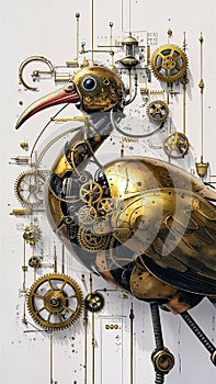 A captivating 3D render of a steampunk-inspired brass robot ibis