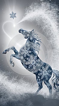 A captivating 3D render of a whimsical snowflake horse silhouette photo