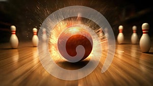 Vibrant Bowling Ball Rolling Down Lane Towards Pins in Motion.