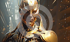 A captivating depiction of a cyborg warrior in gleaming gold