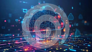 Cloud computing network with binary data streams, representing AI and big data analysis technology.