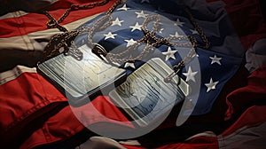 A veteran's dog tags resting on a folded American flag