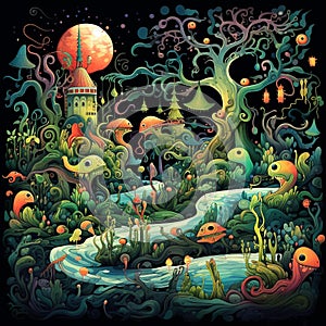 Enchanted Forest: Vibrant Abstract Monsters and Creatures Floating in Mid-Air photo