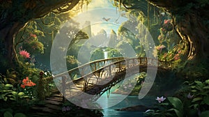 A captivating digital illustration portraying a wooden bridge in a fantasy landscape, AI-generated