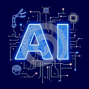 AI Circuit Board Concept with Robotic Arm and Brain