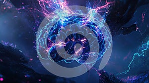 Digital Illustration of Human Brain Surface with Neon Effects