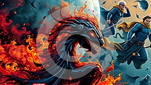 Fiery demonic creature confronts two sorcerers flying on broomsticks amidst a cosmic battle scene, showcasing vibrant photo