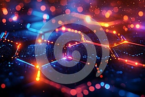 Abstract Futuristic Hexagon Grid with Neon Lights and Data Flow