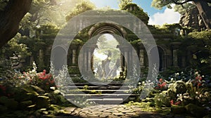 Mystical Morning: Ancient Stone Tomb in Tranquil Cemetery photo