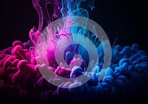 Vibrant pink and blue ink clouds swirling in darkness abstract smoke motion art