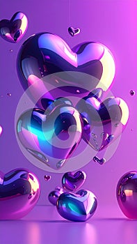 Vibrant Metallic Heart Balloons Floating on a Gradient Purple Background