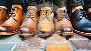 A captivating display of neatly lined up mens business shoes, showcasing a diverse range of colors, styles, and sizes