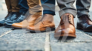 A captivating display of neatly lined up mens business shoes, showcasing a diverse range of colors, styles, and sizes