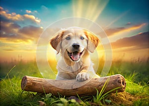 Surreal Double Exposure of a Puppy Devouring a Bone Artistic Canine Photography Capturing a Moment of Playful Appetite photo