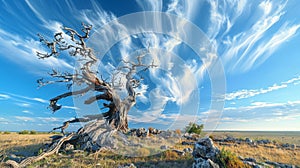 Captivating dynamic cloud motion against the backdrop of an ancient, weathered tree