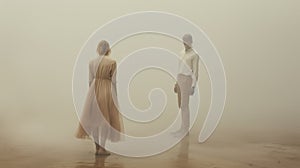 A Captivating Encounter: Woman In Dress And Man Amidst Beige Fog
