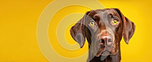 The captivating expression of a brown labrador on a vibrant yellow background..AI generated image